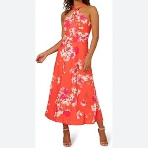 Floral Halter Neck Midi Dress - Orange and Pink